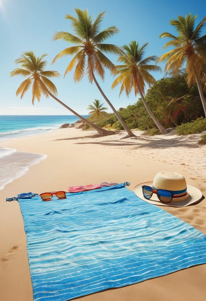 A bright and sunny beach scene featuring a diverse group of people showcasing the latest summer swimwear trends. Include colorful swimsuits, beach accessories like sunglasses and hats, and beach towels scattered around. Add elements like palm trees and a sparkling ocean in the background for a refreshing vibe. Emphasize a joyful, carefree atmosphere with vibrant colors and stylish poses. super-realistic. vibrant colors. bright background.