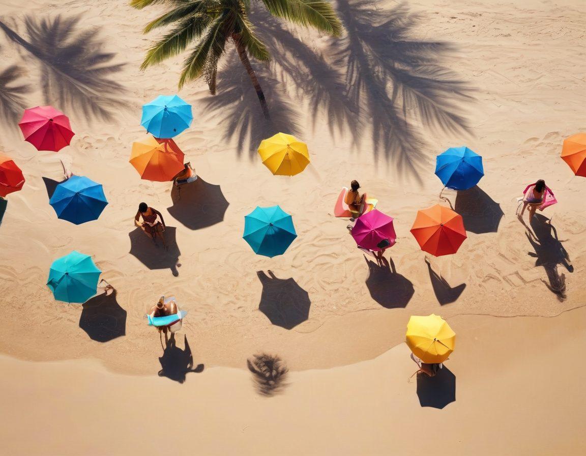 A vibrant beach scene showcasing a diverse group of people wearing the latest swim fashion trends, including stylish bikinis and chic bathing suits. The sun shines brightly, casting playful shadows on the sandy beach, while colorful beach umbrellas and surfboards add to the lively atmosphere. The ocean waves gently lap against the shore, enhancing the summer vibe. Include tropical palm trees swaying in the breeze. painting. vibrant colors. summer theme.